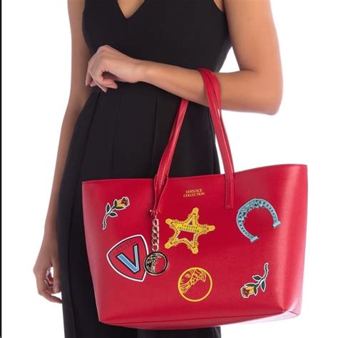 Versace Red Graphic Saffiano Finish Leather Tote 